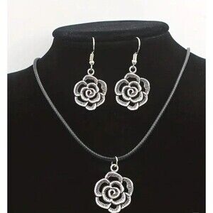 Gothic Boho Silver Rose Necklace & Earrings set Marcasite